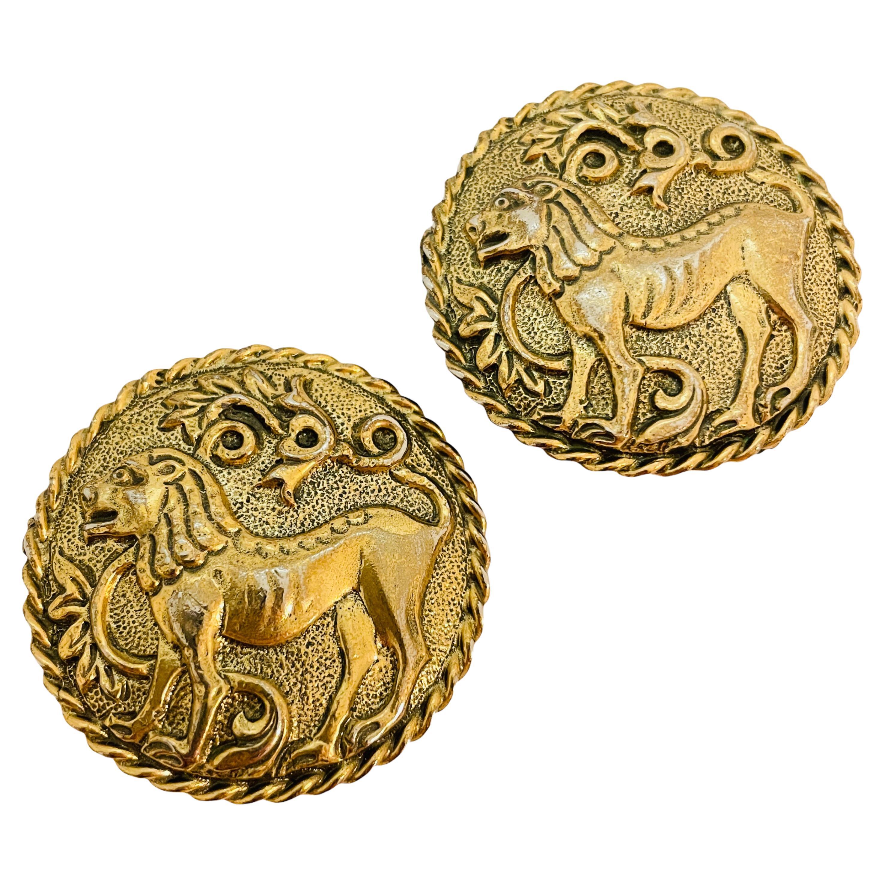 Vintage huge bronze gold lion designer runway clip on earrings For Sale