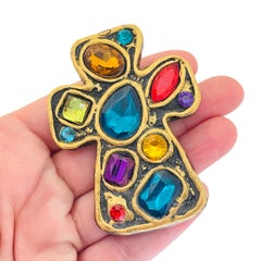 Vintage huge cross gold tone jewel resin stones designer brooch