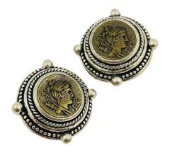 Vintage huge Etruscan bronze coin silver textured designer runway clip on earrin