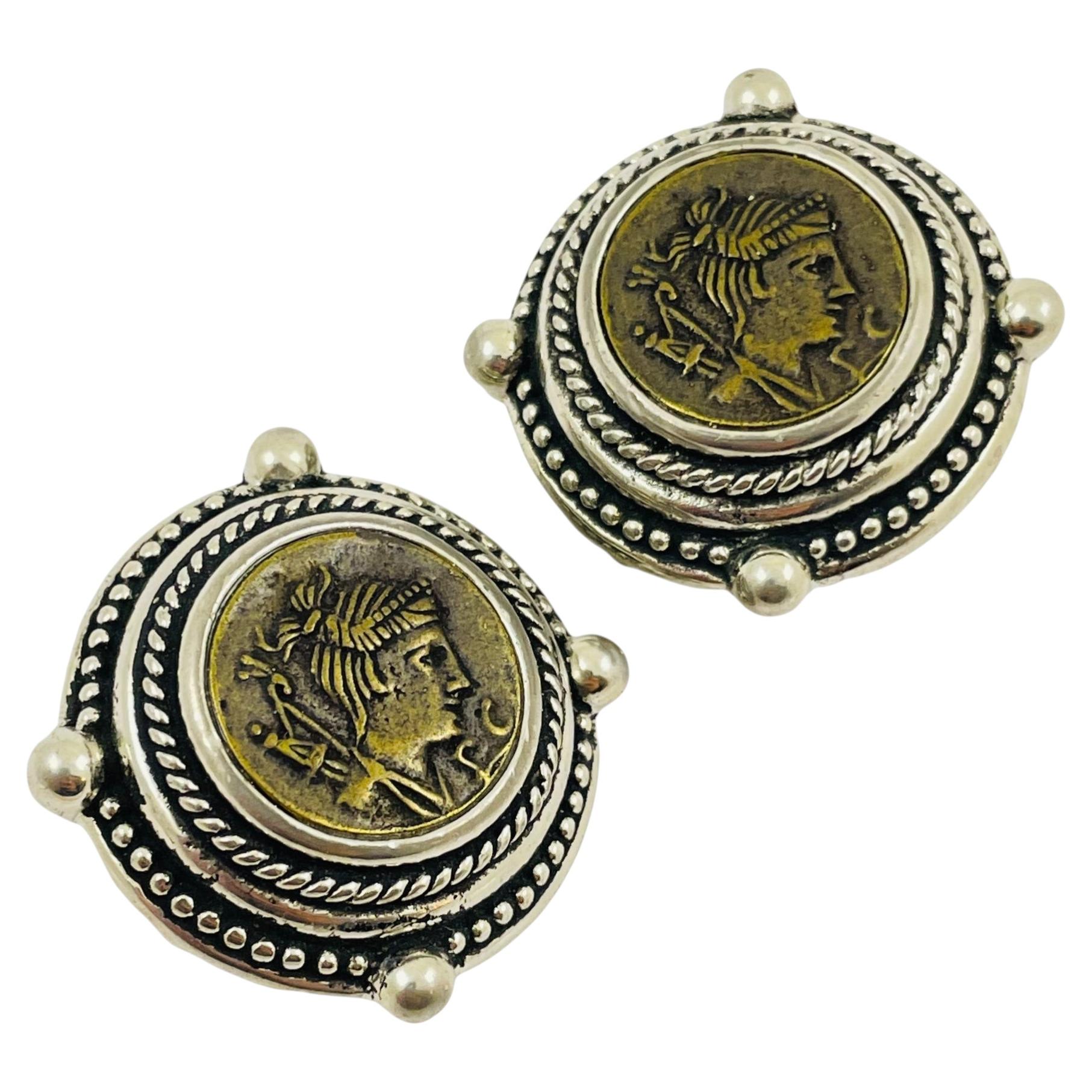 Vintage huge Etruscan bronze coin silver textured designer runway clip on earrin For Sale