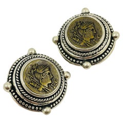 Vintage huge Etruscan bronze coin silver textured designer runway clip on earrin