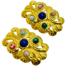 Vintage huge etruscan gold faux gemstones designer runway clip on earrings