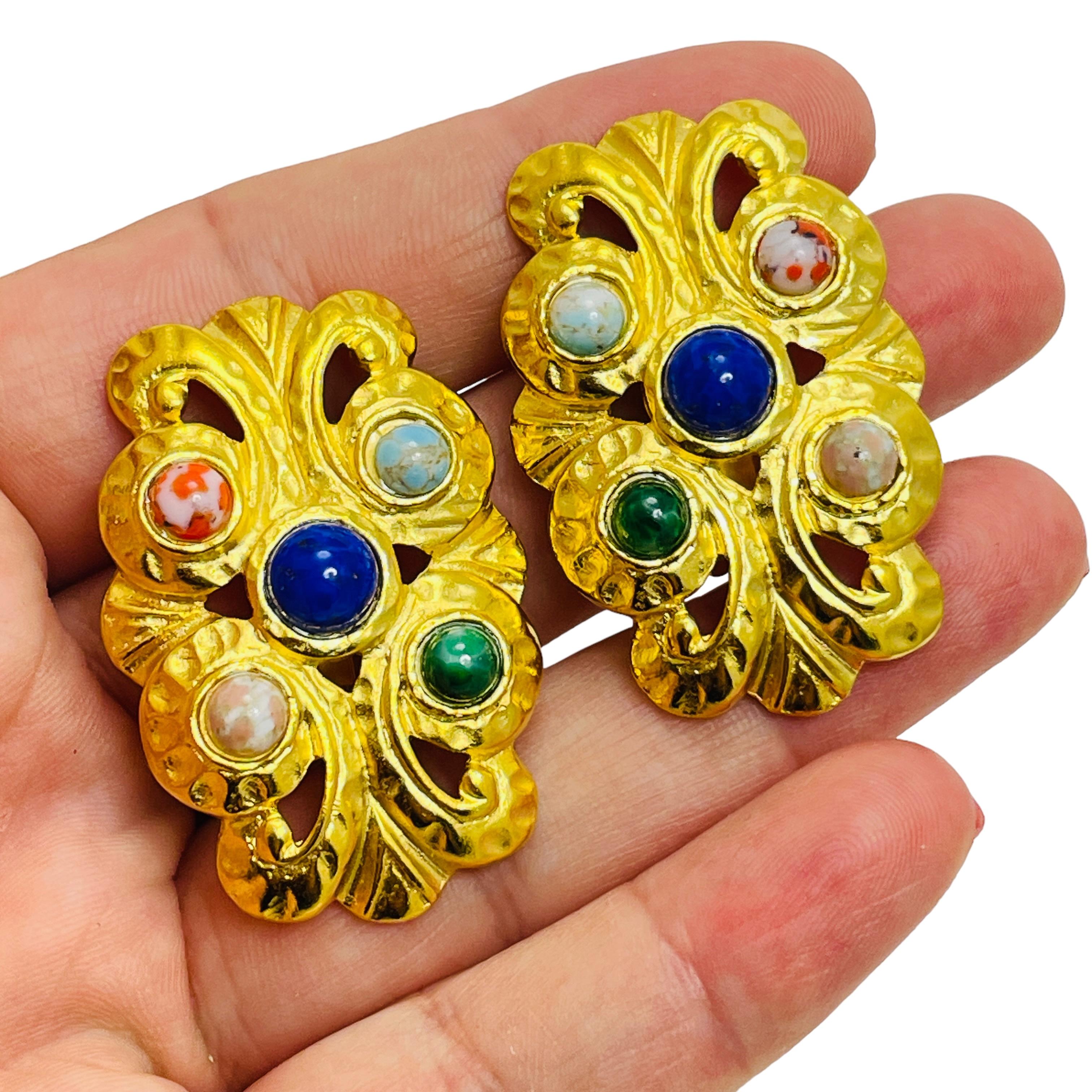 De las mujeres Vintage enorme etrusco oro imitación piedras preciosas diseñador pasarela clip en pendientes en venta