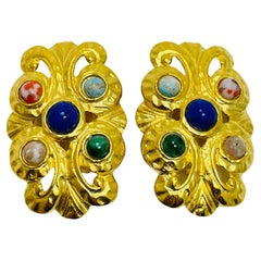 Vintage huge etruscan gold faux gemstones designer runway clip on earrings