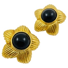 Vintage huge flower gold black lucite designer runway clip on earrings