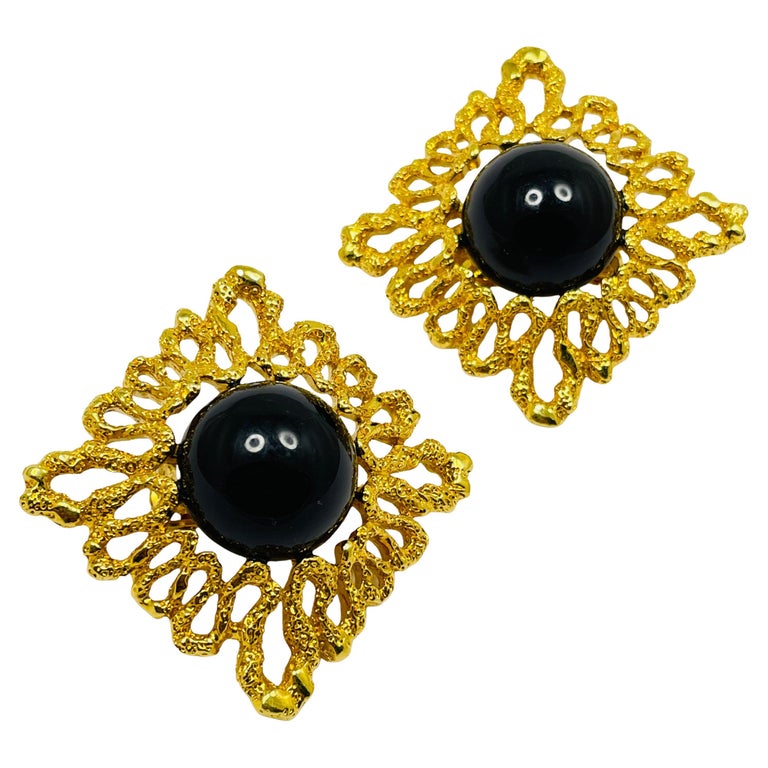 Vintage huge gold black cab designer runway clip on earrings For Sale