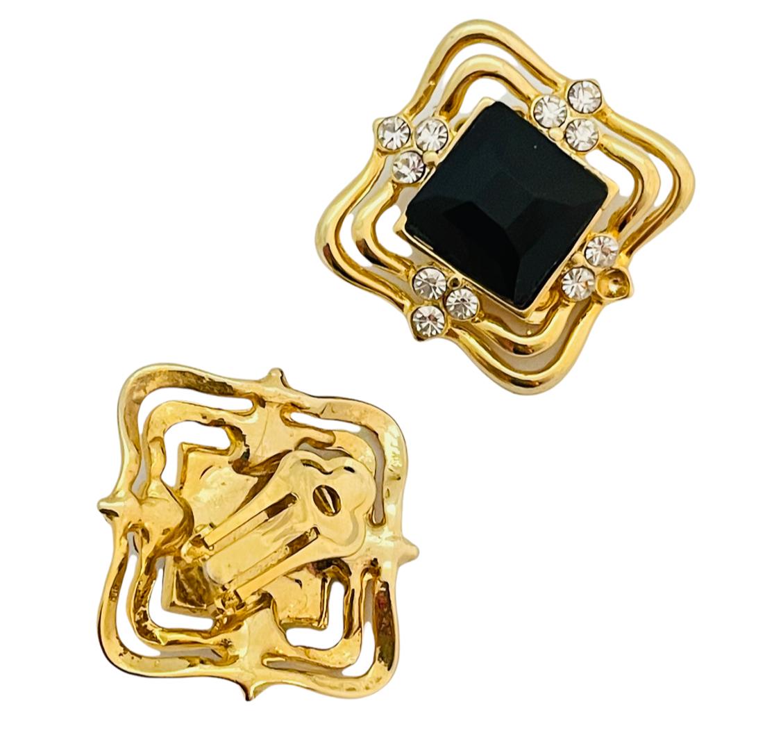 Vintage huge gold black glass runway earrings In Good Condition For Sale In Palos Hills, IL