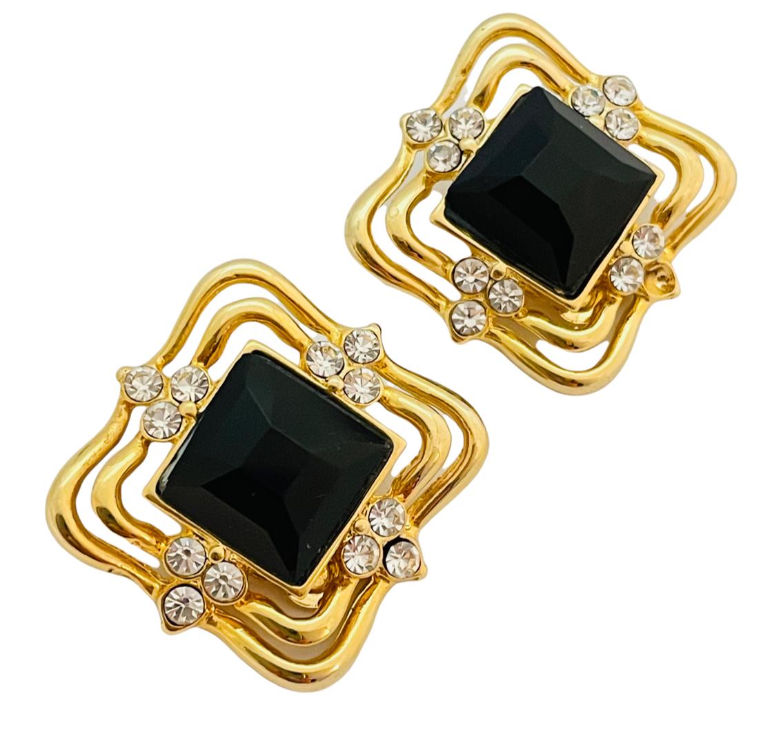 Women's Vintage huge gold black glass runway earrings For Sale