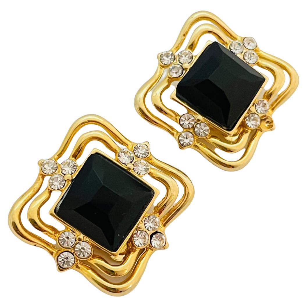 Vintage huge gold black glass runway earrings For Sale