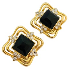 Vintage huge gold black glass runway earrings