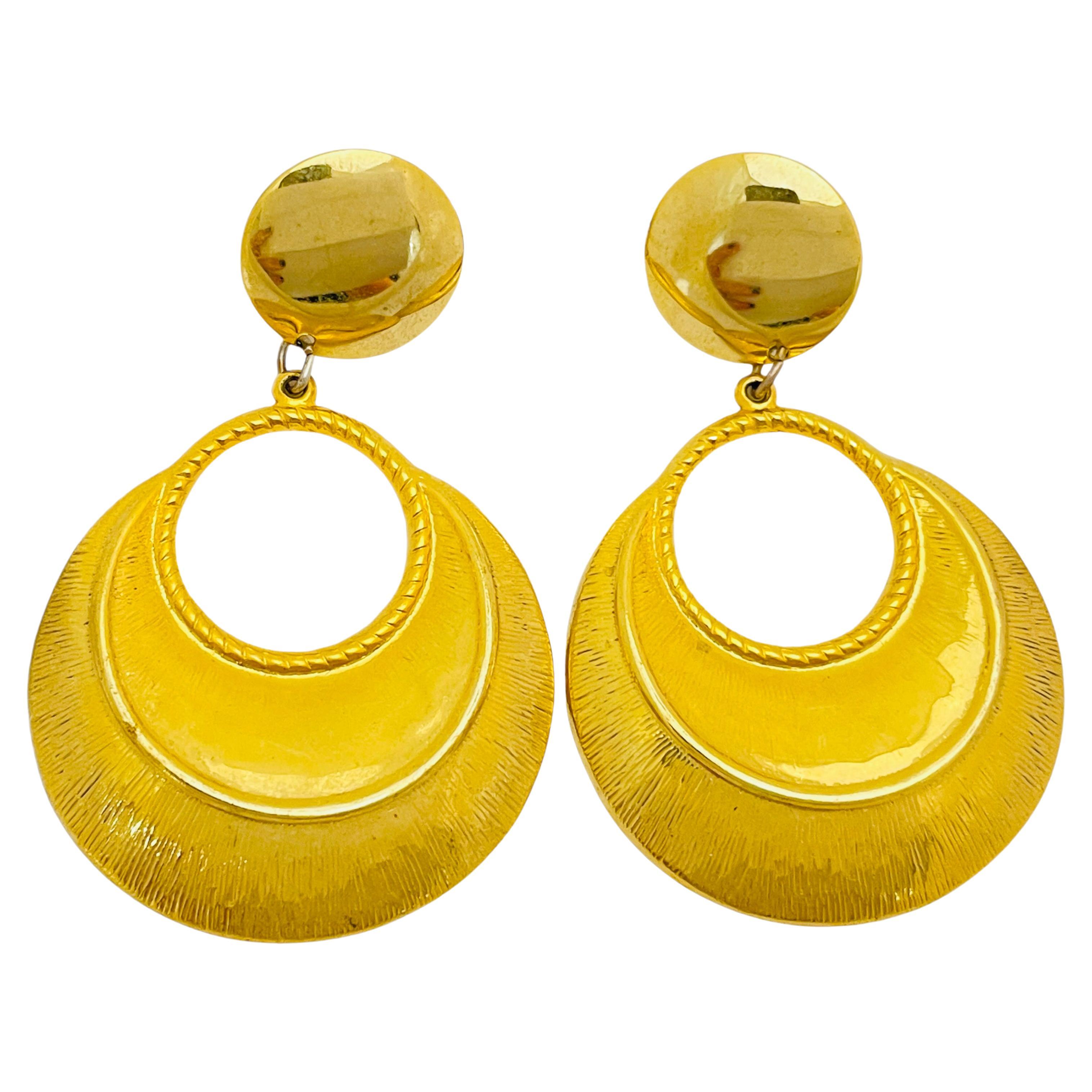 Vintage huge gold dangle designer runway pierced earrings For Sale