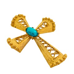 Vintage huge gold emerald rhinestone cross designer runway brooch