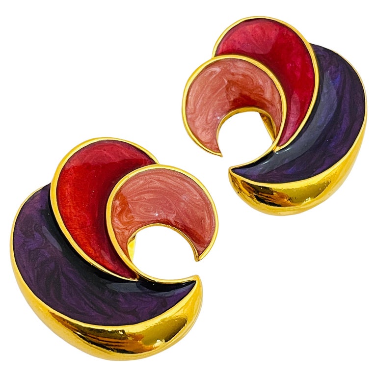 Vintage huge gold enamel designer runway clip on earrings For Sale at