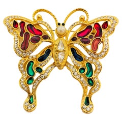 Vintage huge gold enamel rhinestone pearl butterfly designer runway brooch