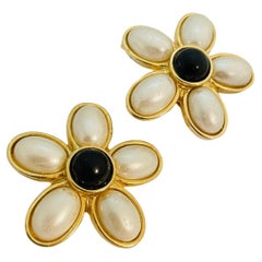 Vintage huge gold flower black pearl clip on earrings
