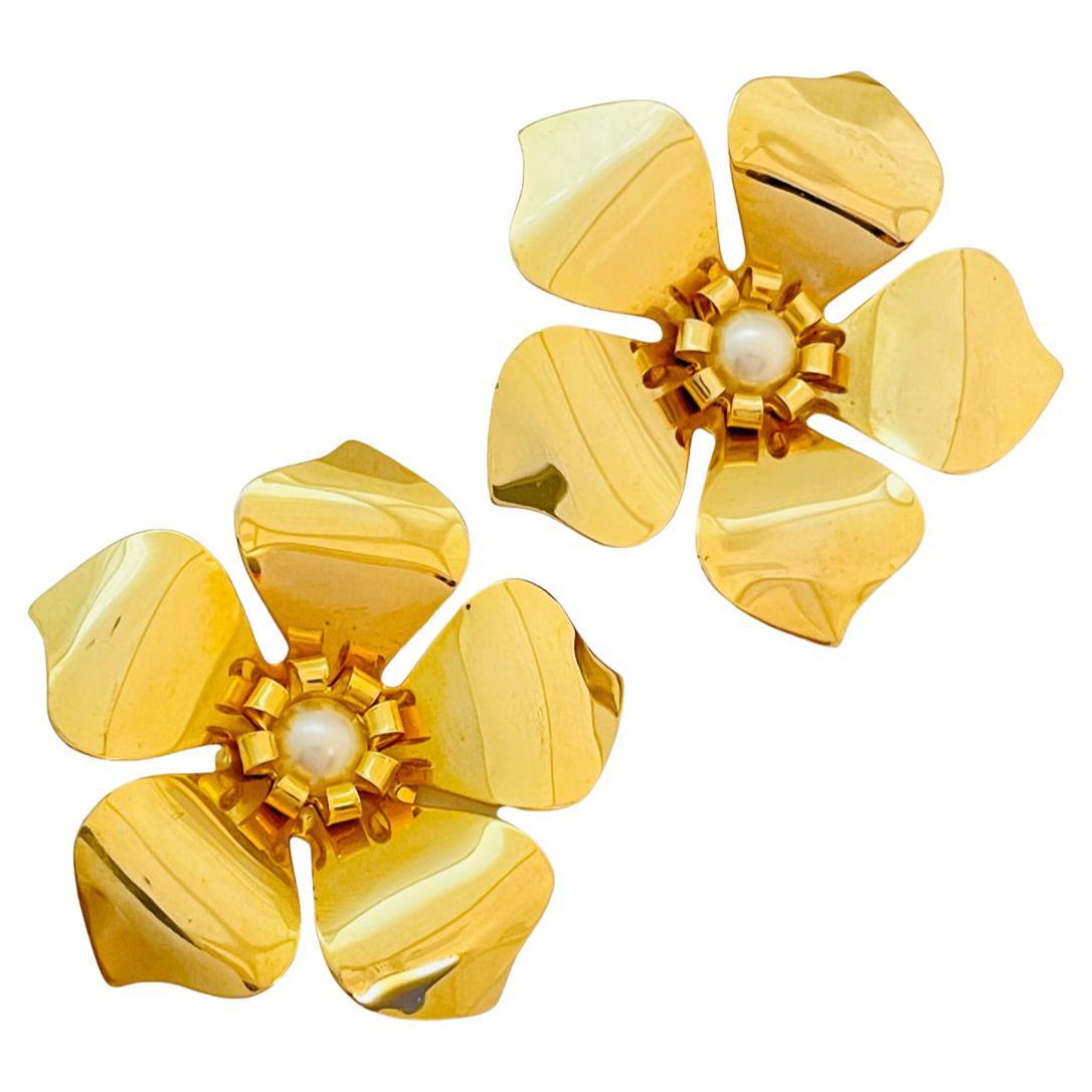 Vintage huge gold flower pearl earrings For Sale