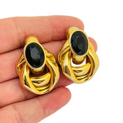 Vintage huge gold knot black glass designer runway pierced earrings