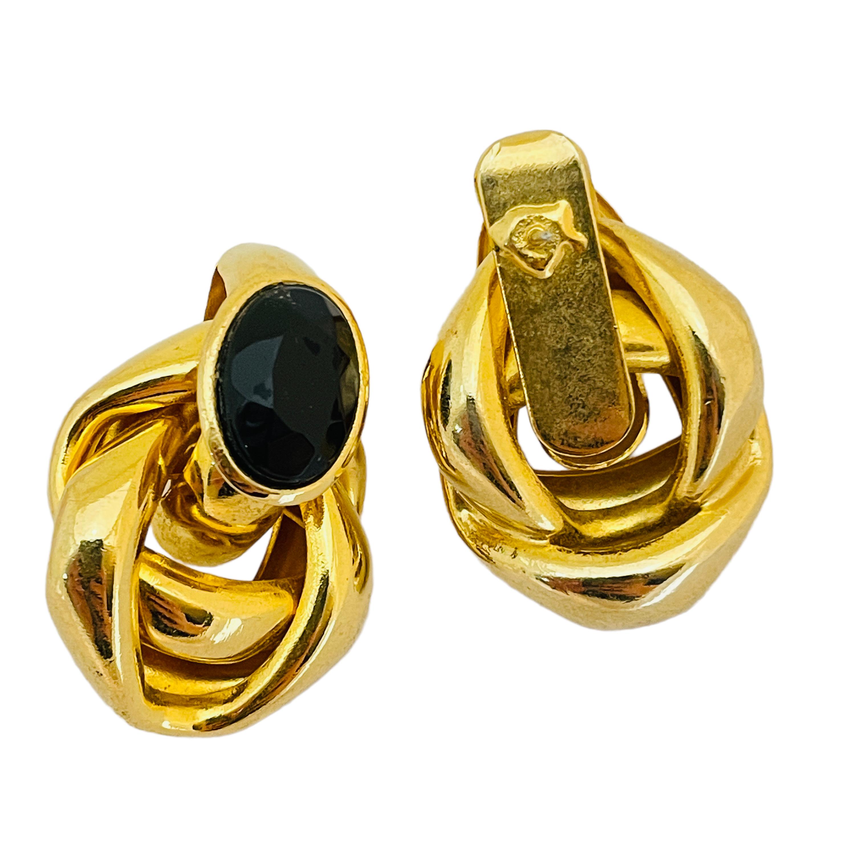 Vintage huge gold knot black glass designer runway pierced earrings In Good Condition For Sale In Palos Hills, IL