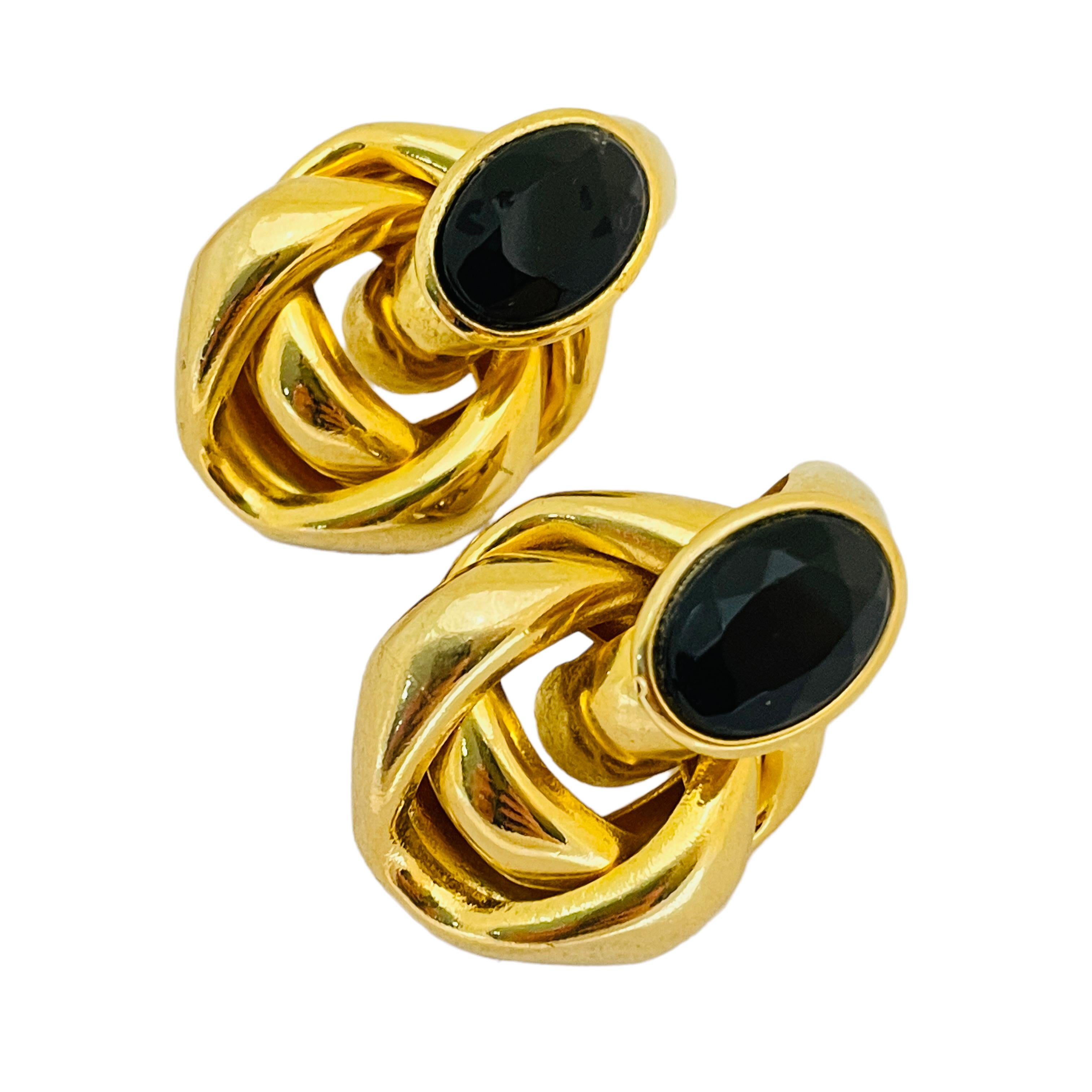Women's or Men's Vintage huge gold knot black glass designer runway pierced earrings For Sale
