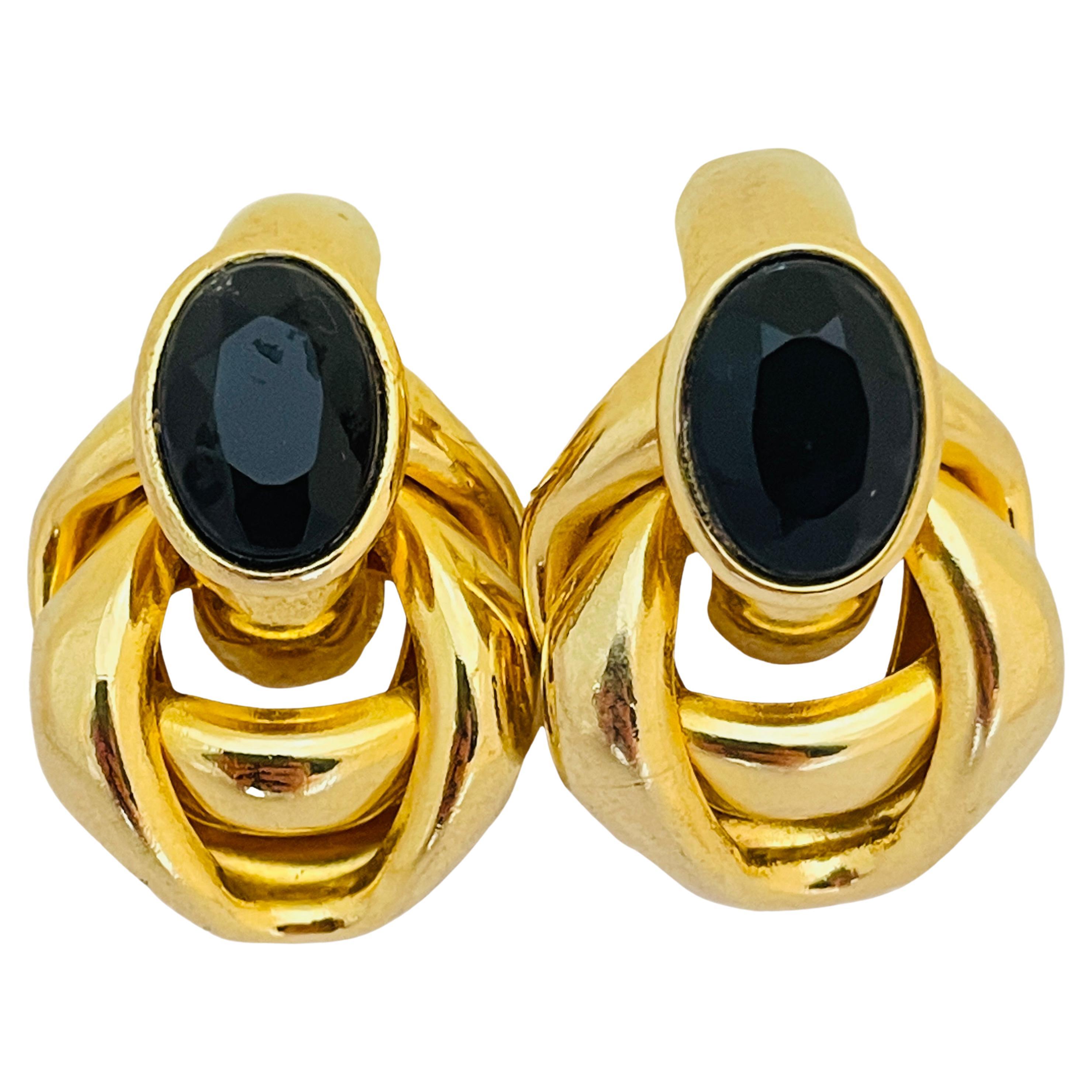 Vintage huge gold knot black glass designer runway pierced earrings For Sale