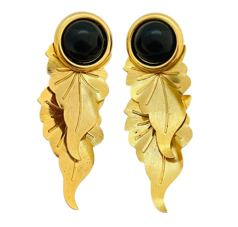 Vintage huge gold leaf runway 80 s earrings For Sale at 1stDibs