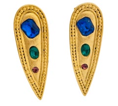 Vintage huge gold matte colorful rhinestone designer runway clip on earrings