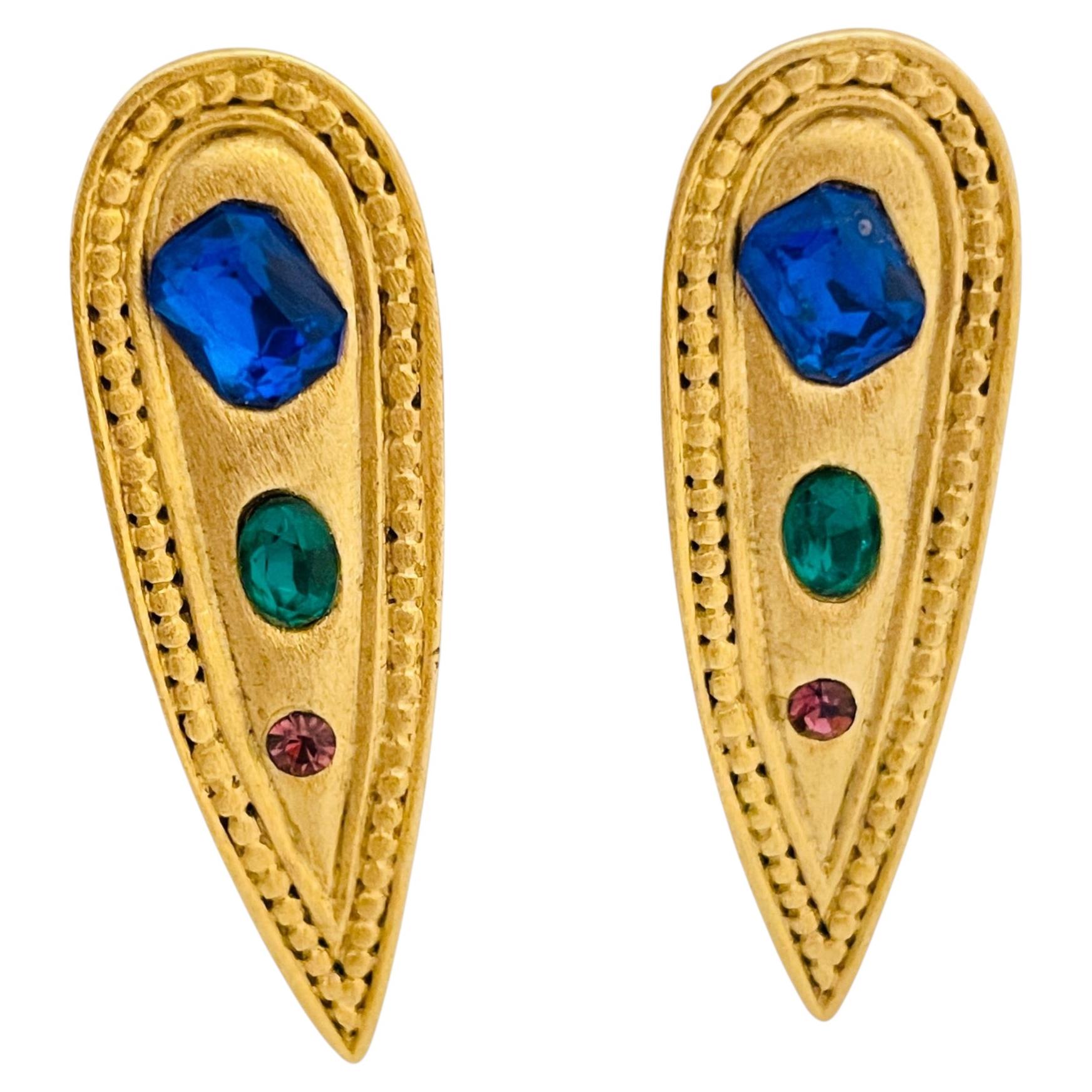 Vintage huge gold matte colorful rhinestone designer runway clip on earrings