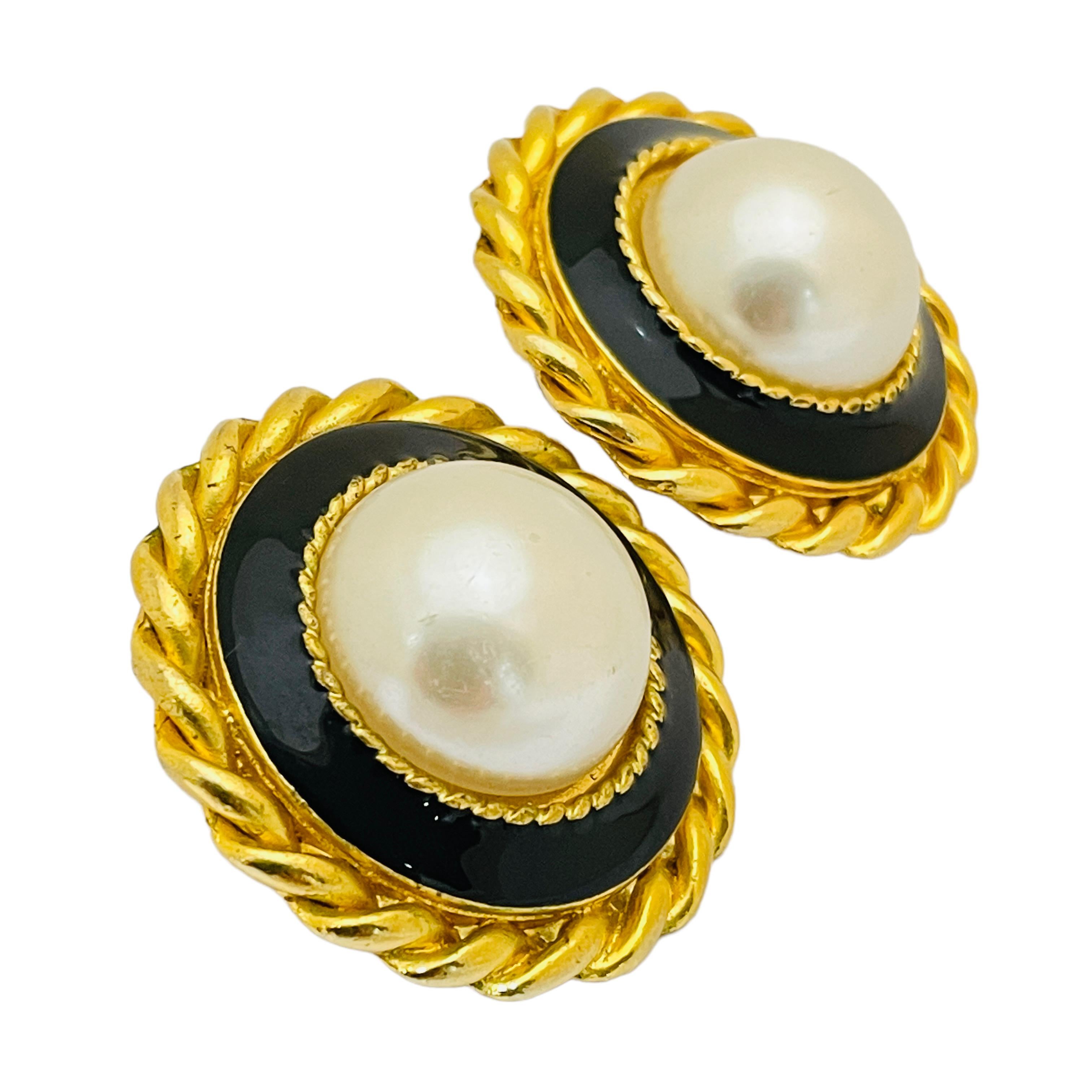 Women's or Men's Vintage huge gold pearl enamel designer runway pierced earrings For Sale