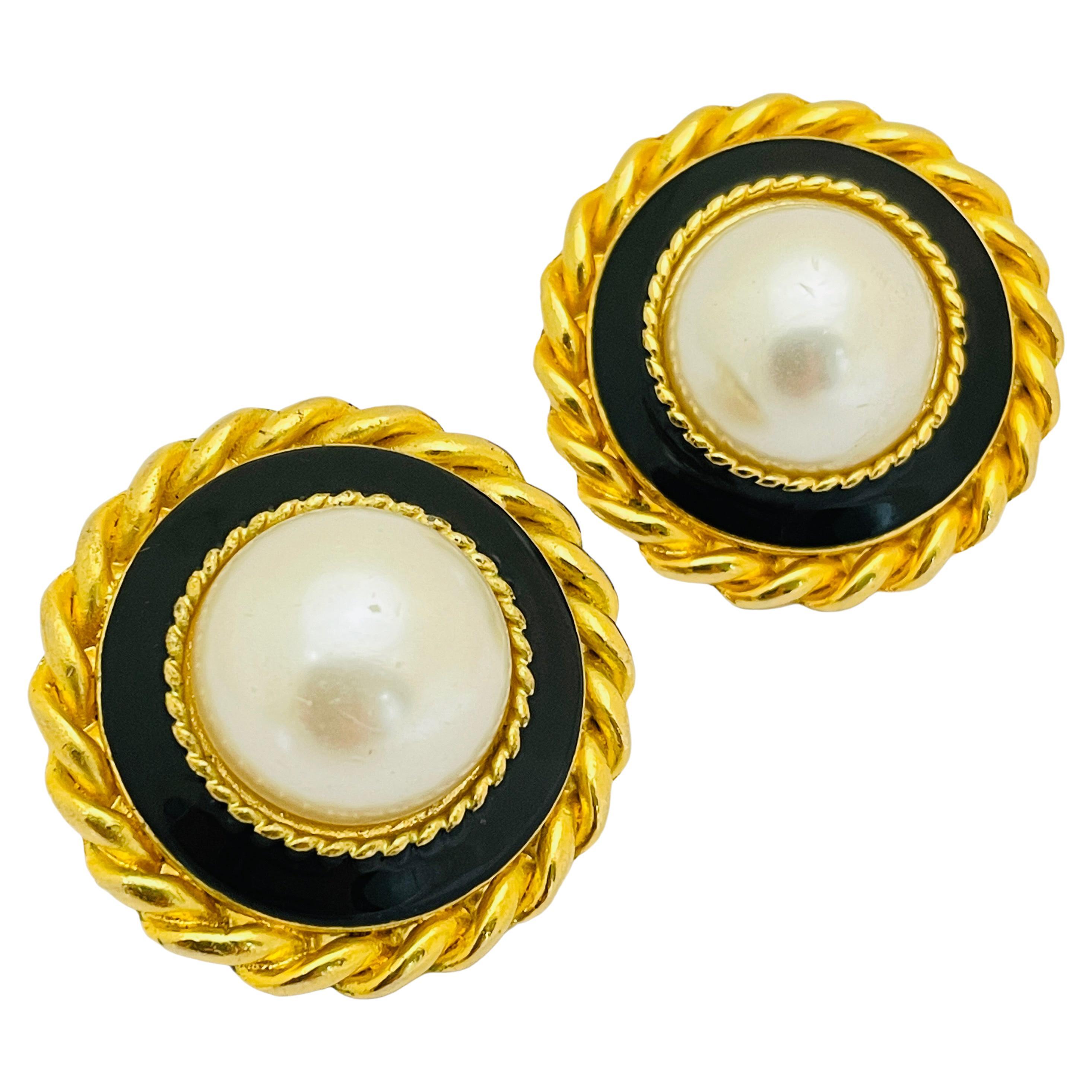 Vintage huge gold pearl enamel designer runway pierced earrings For Sale