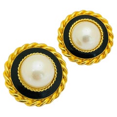 Vintage huge gold pearl enamel designer runway pierced earrings
