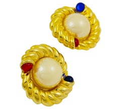Vintage huge gold pearl red blue glass designer runway clip on earrings