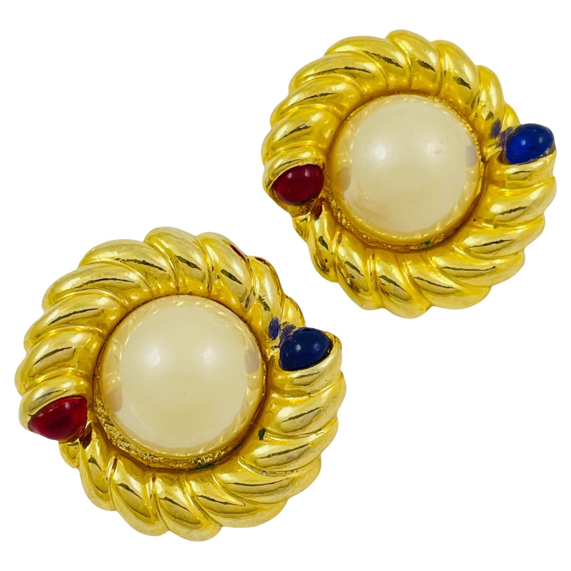 Vintage huge gold pearl red blue glass designer runway clip on earrings For Sale