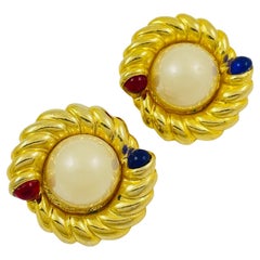 Vintage huge gold pearl red blue glass designer runway clip on earrings