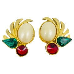 Vintage huge gold red green rhinestone runway designer clip on earrings