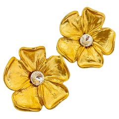Vintage huge gold rhinestone flower designer runway clip on earrings