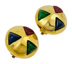 Vintage huge gold ruby emerald sapphire glass designer runway clip on earrings