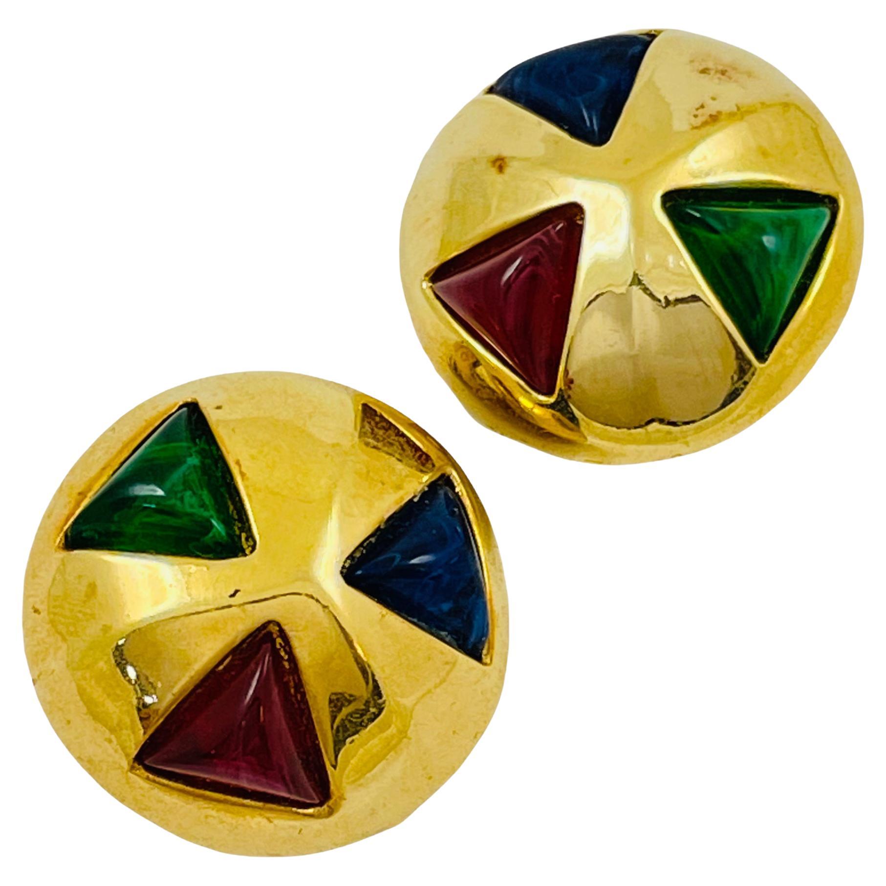 Vintage huge gold ruby emerald sapphire glass designer runway clip on earrings For Sale