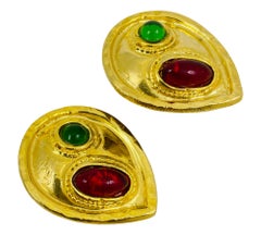 Vintage huge gold ruby red emerald green glass designer runway clip on earrings