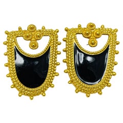 Vintage huge gold tone enamel Etruscan designer 80's post earrings