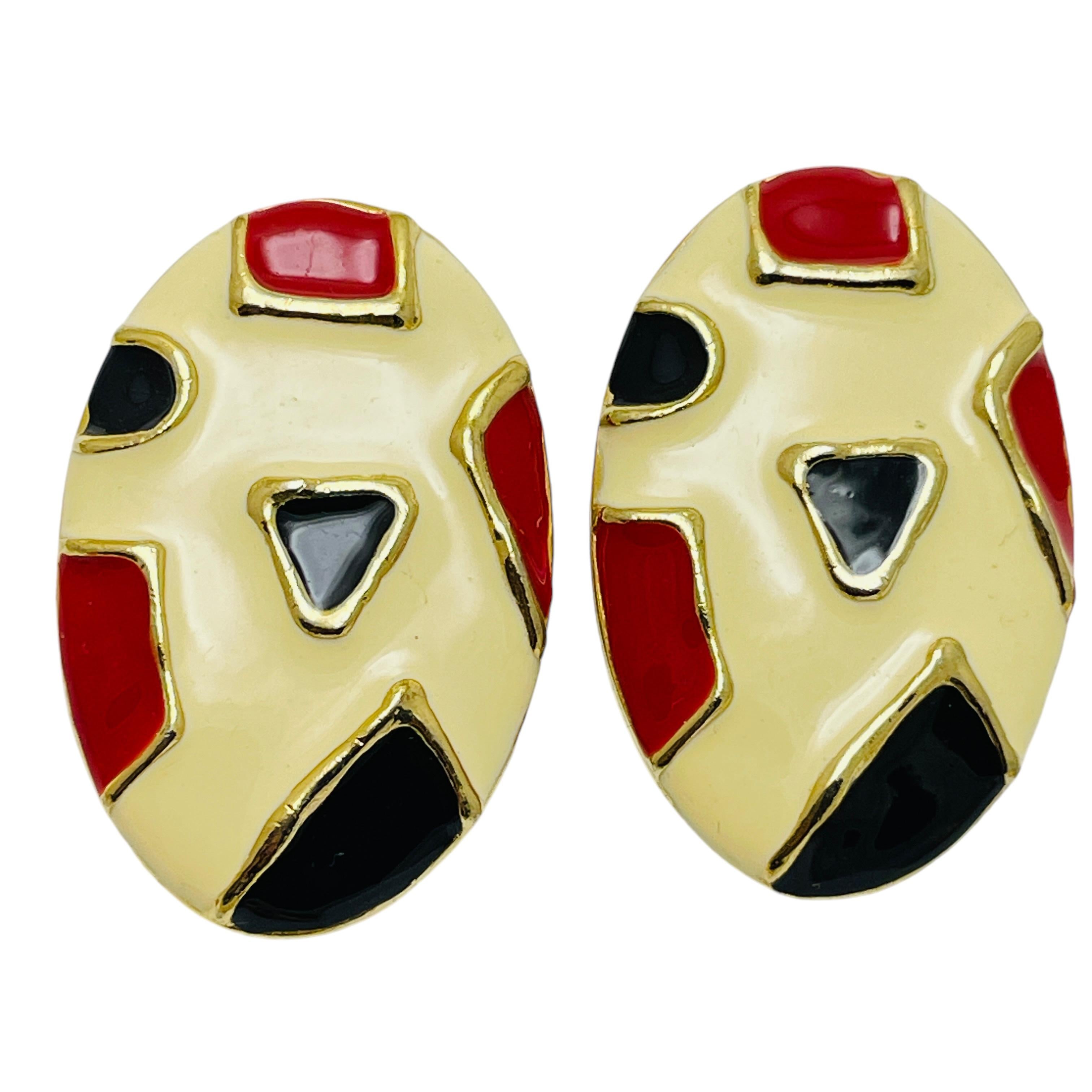 Women's Vintage huge gold tone enamel midernist designer earrings For Sale