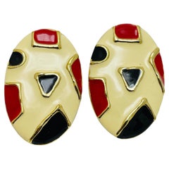 Vintage huge gold tone enamel midernist designer earrings