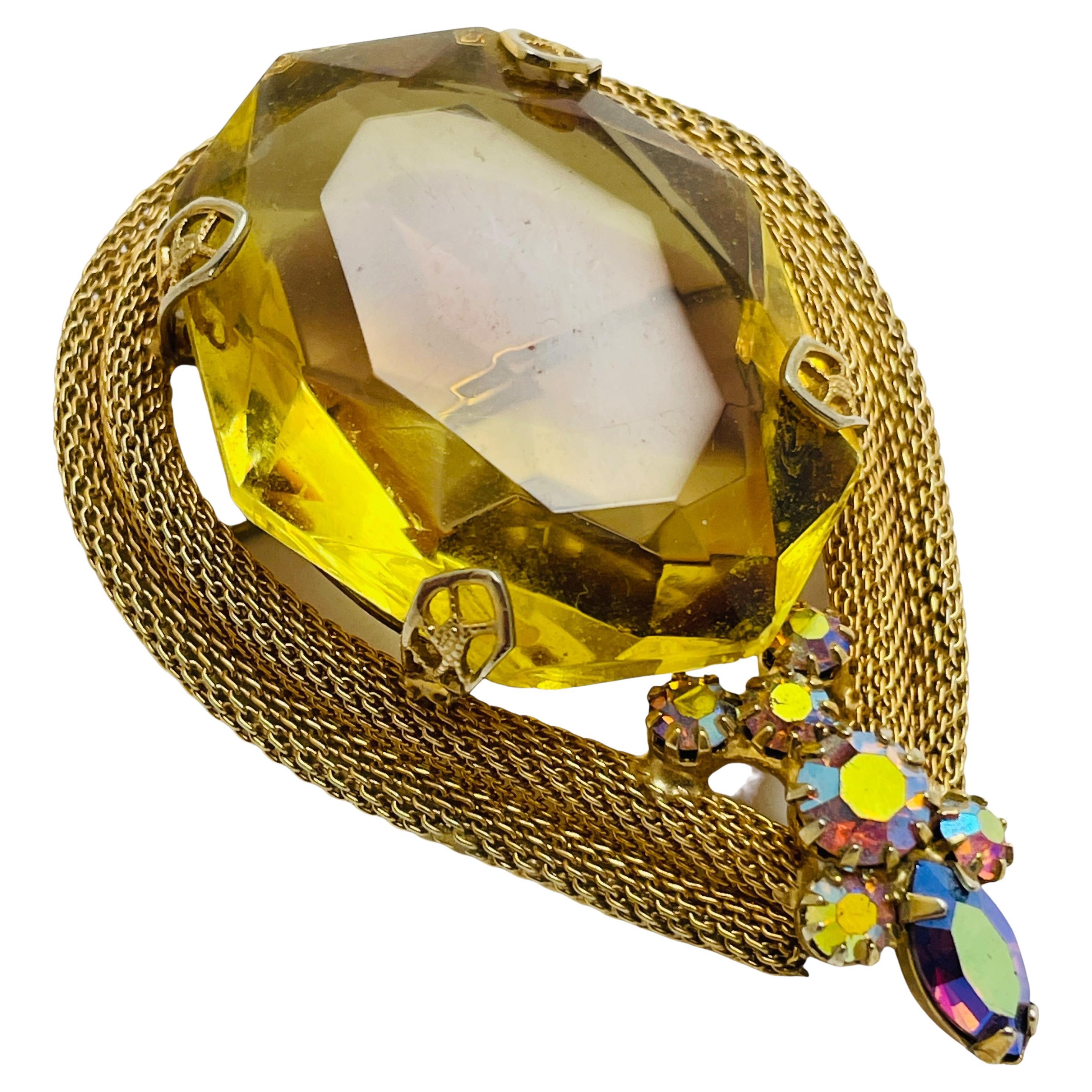Vintage huge gold tone glass designer brooch