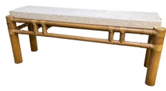 Enorme mesa consola vintage Henredon de bambú con tapa de piedra