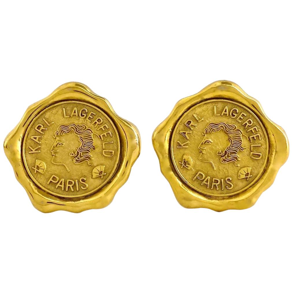 Vintage Huge KARL LAGERFELD Profile Wax Seal Logo Earrings For Sale