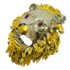 Vintage huge lion head gold silver tone rhinestone eyes designer brooch