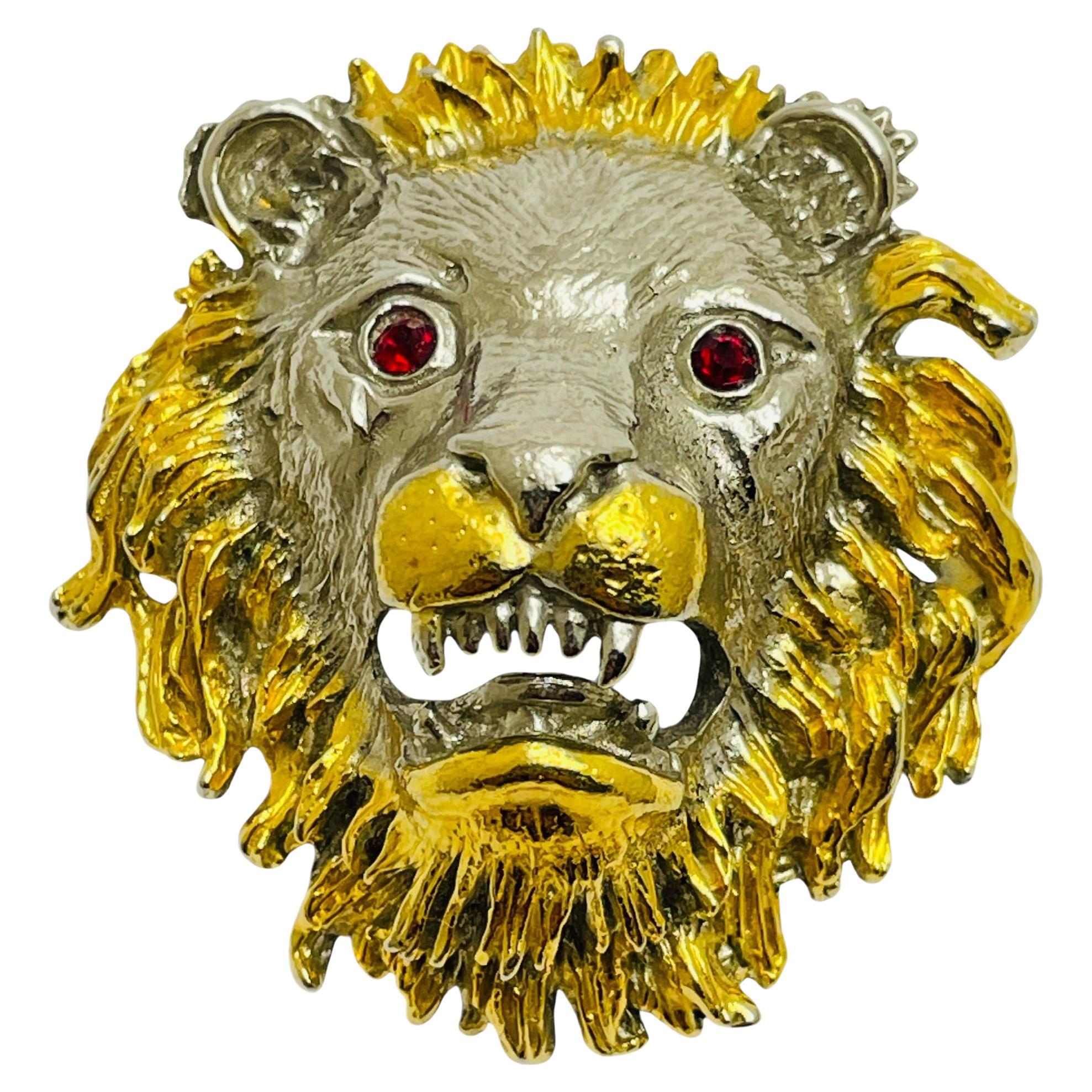 Vintage huge lion head gold silver tone rhinestone eyes designer brooch