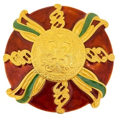 Used huge Maltese cross gold enamel designer runway brooch