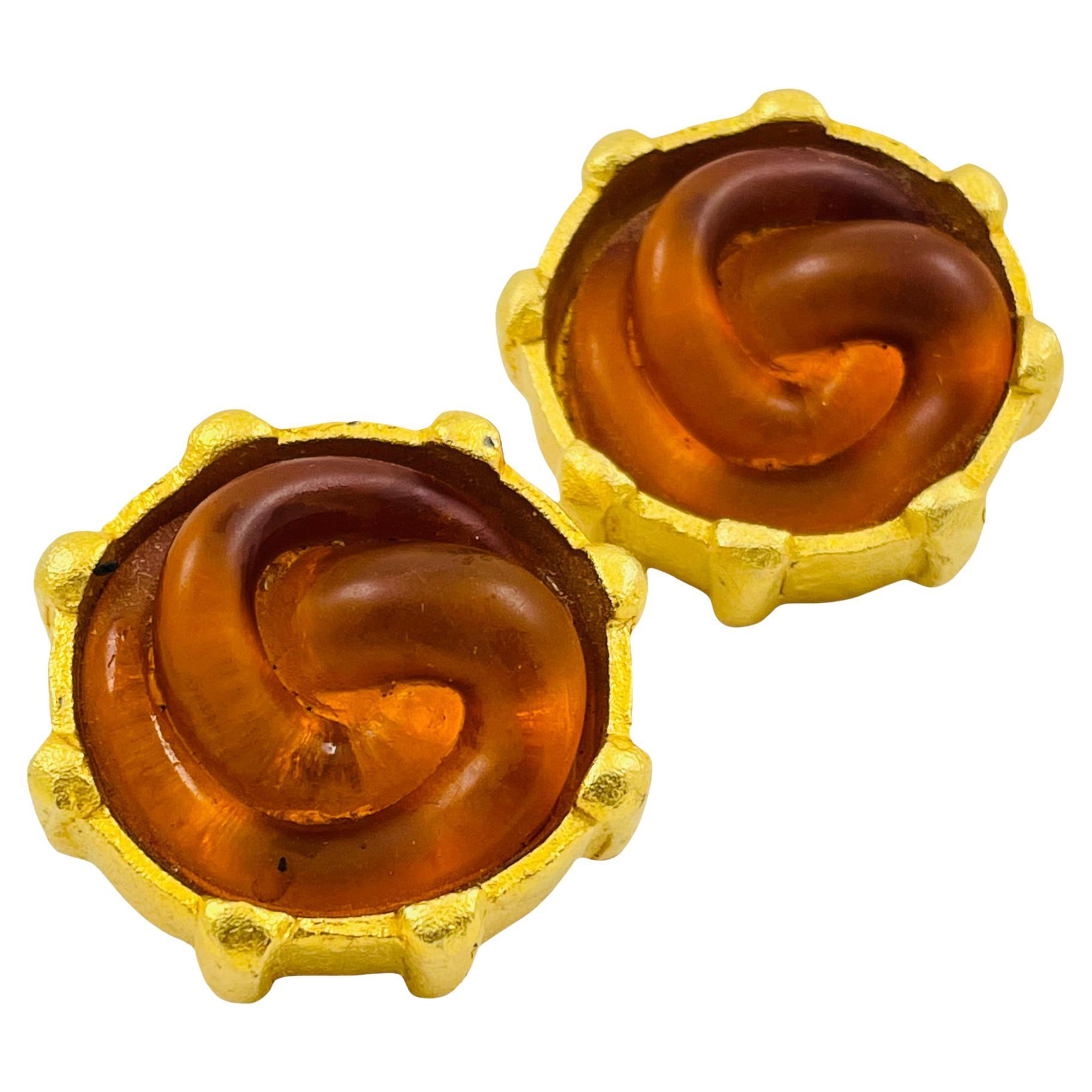 Pendientes de clip de diseñador de pasarela vintage enorme de oro mate ámbar de cristal
