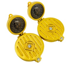 Vintage huge matte gold coin rhinestones dangle designer runway clip on earrings
