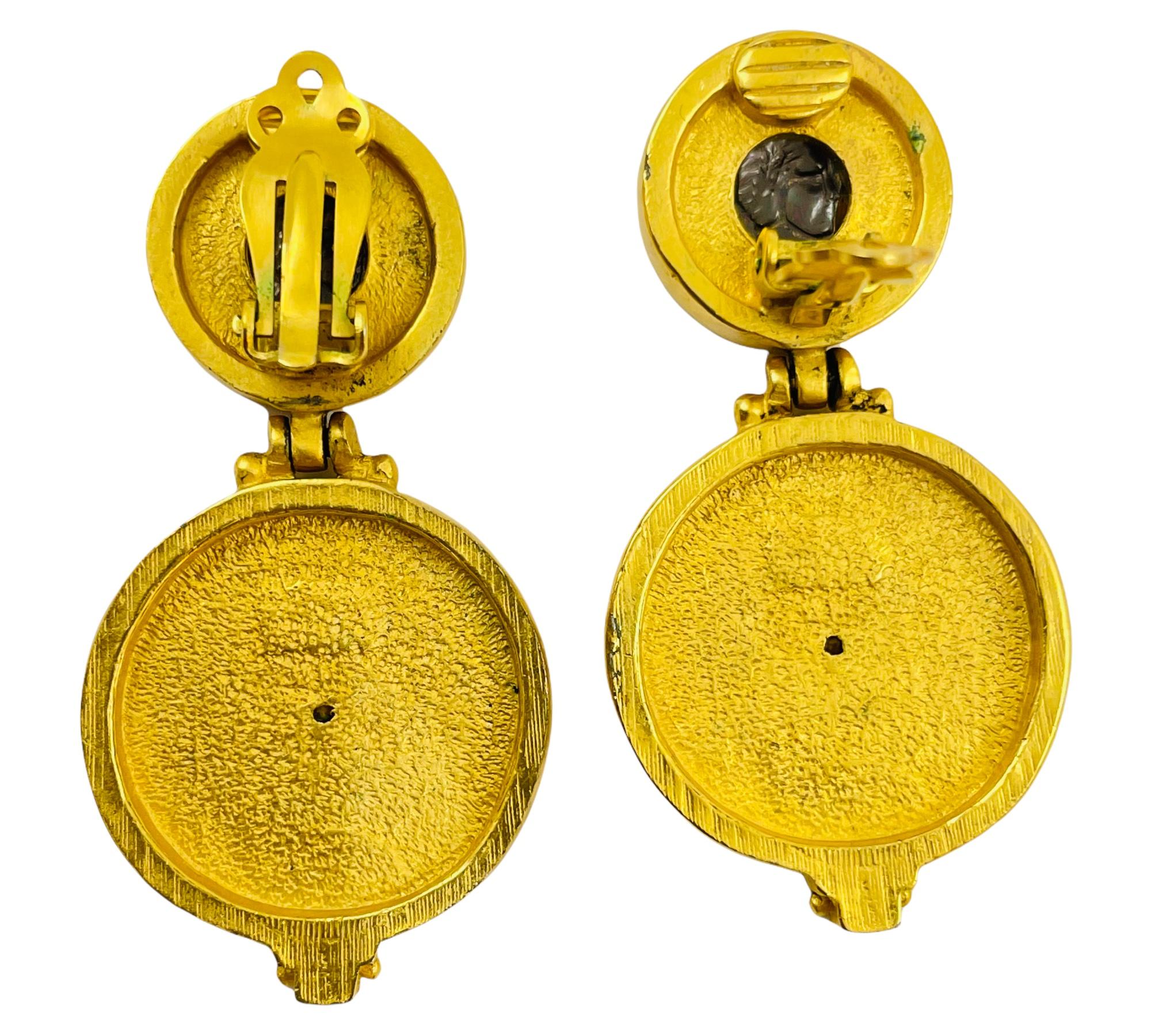 Women's Vintage huge matte gold coin rhinestones dangle designer runway clip on earrings For Sale